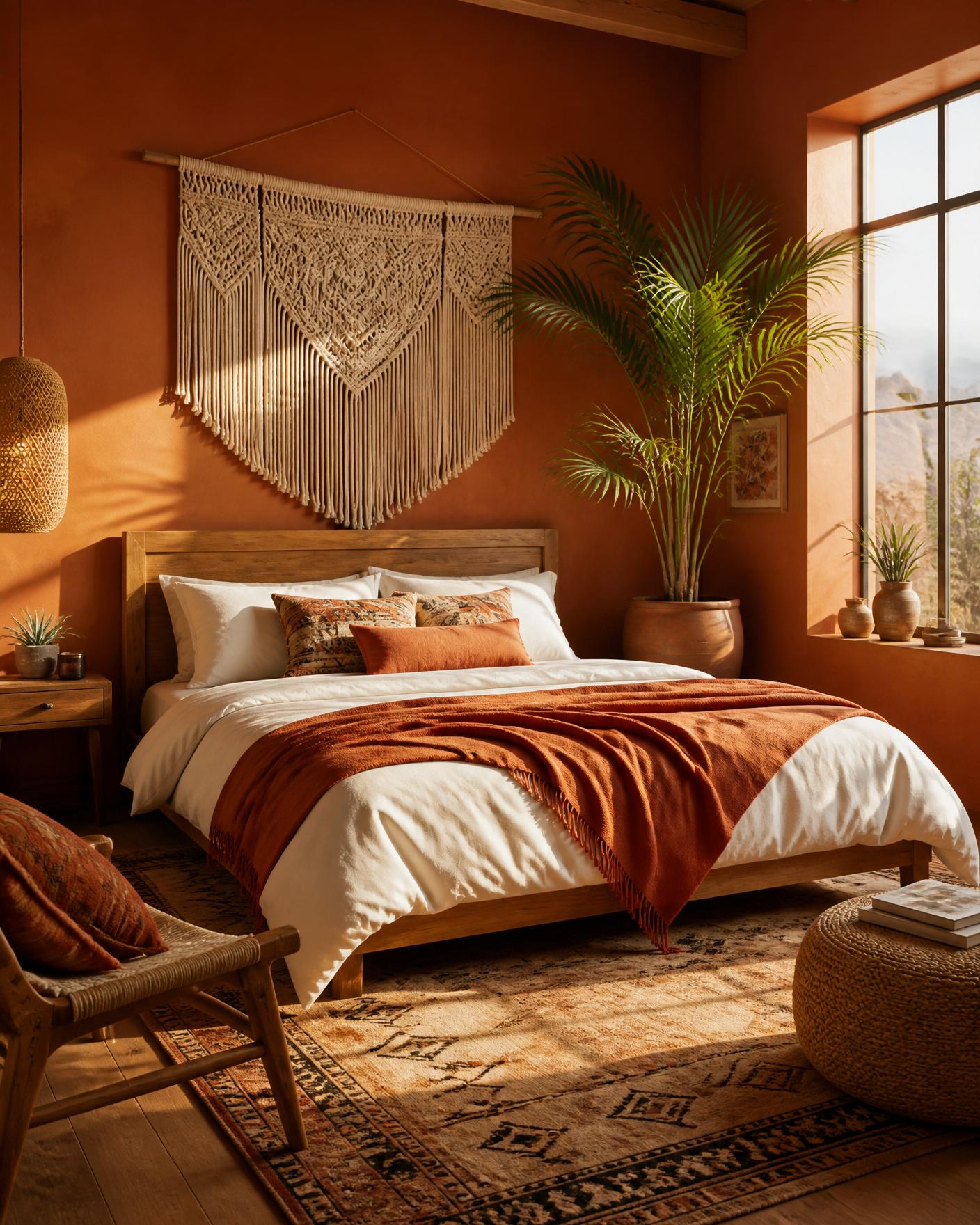 Wabi-sabi Sedona bedroom with soft linen bedding and red rock views