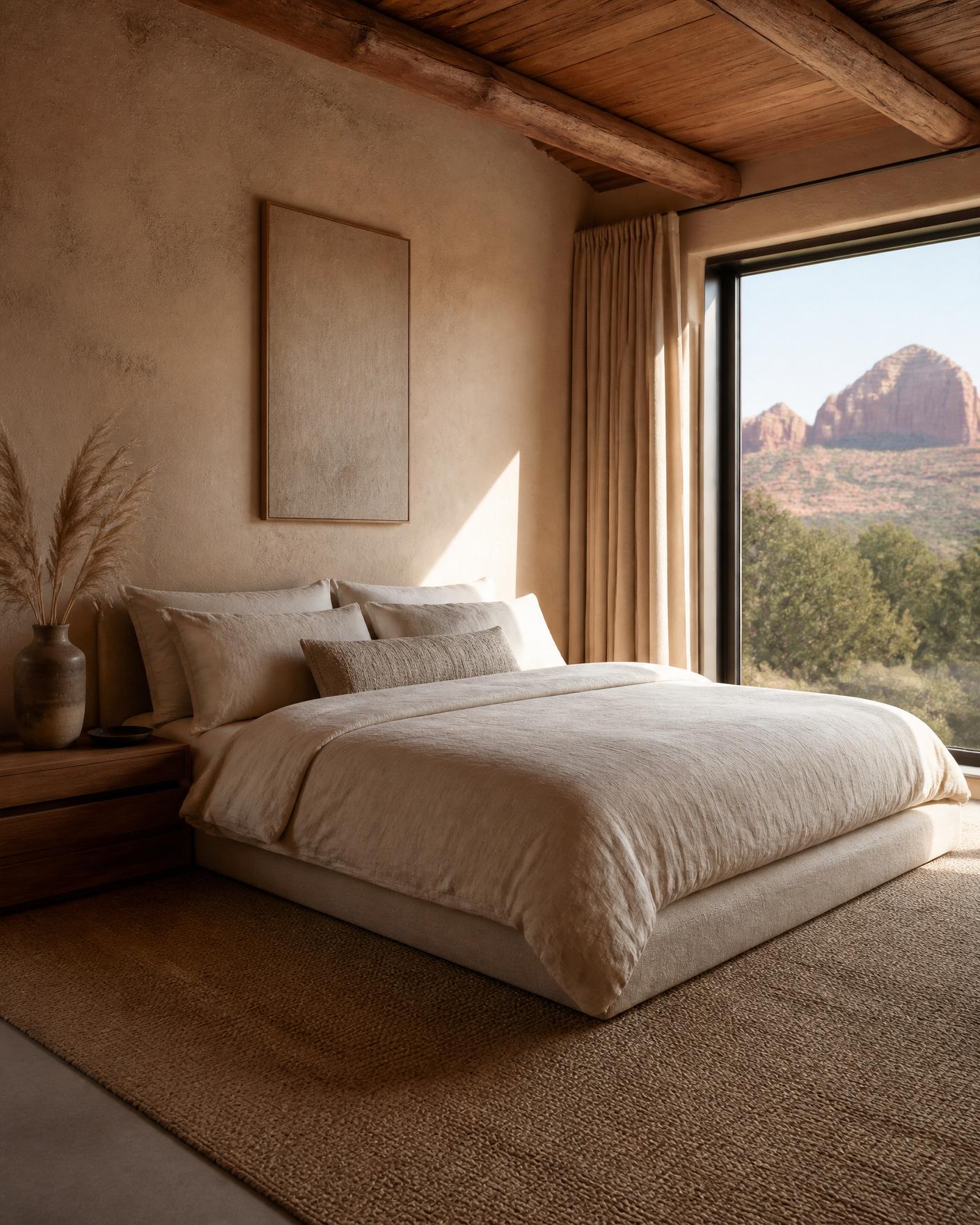 Wabi-sabi Sedona bedroom with soft linen bedding and red rock views