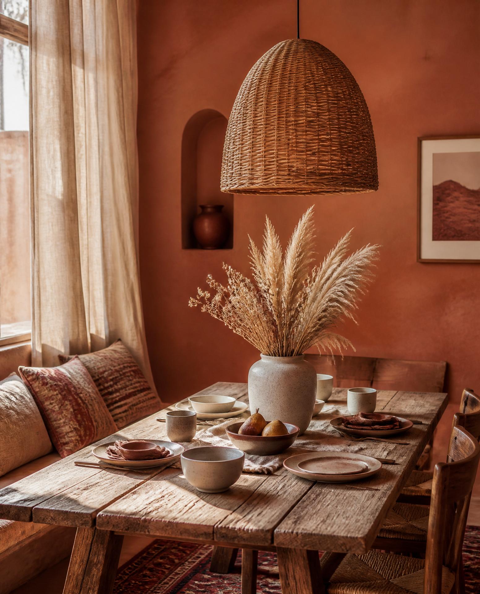 Travertine dining table with wishbone chairs and olive branches